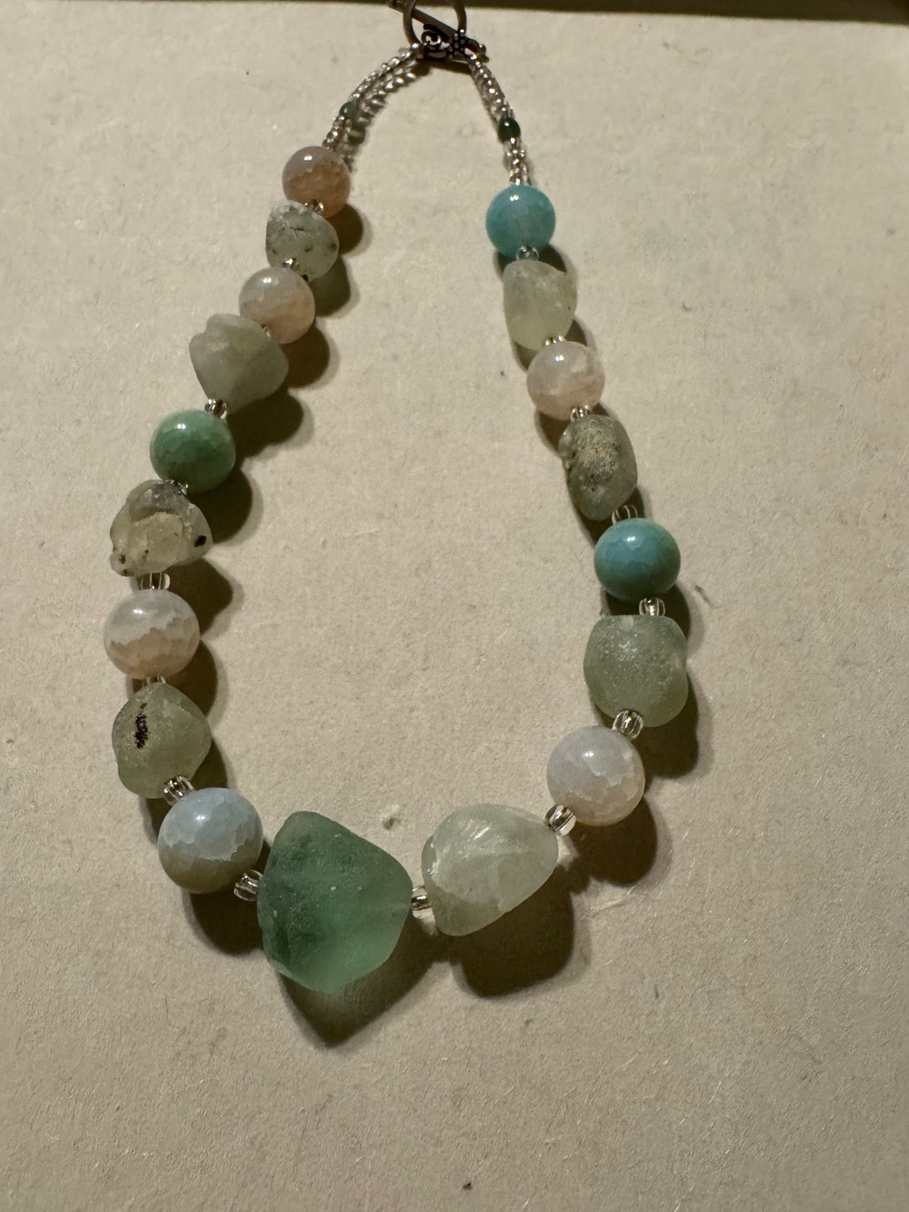 Artisan Handmade Raw Gemstone Beaded Sea Glass Toggle Necklace Boho 8.5"